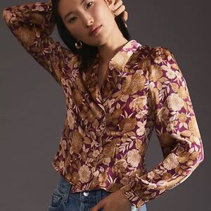 Favorite Daughter Anthropologie‎ Rani Floral Blouse M Burgundy Tan Long Sleeve